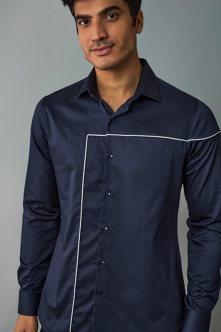 Navy Cotton Satin Party Wear Shirt by Dhruv Vaish at Pernia's Pop Up Shop