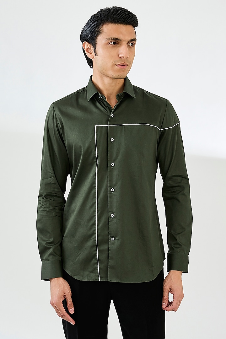 Olive Green Cotton Satin Shirt by Dhruv Vaish