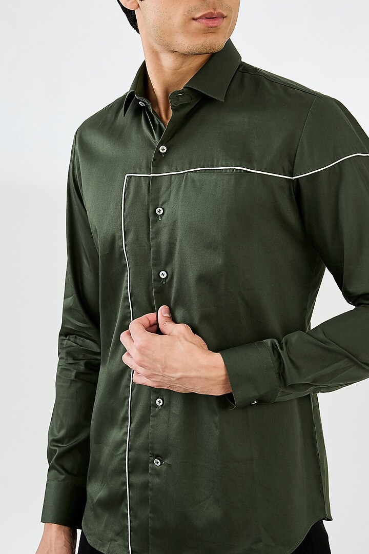 Olive Green Cotton Satin Party Wear Shirt by Dhruv Vaish at Pernia's Pop Up Shop