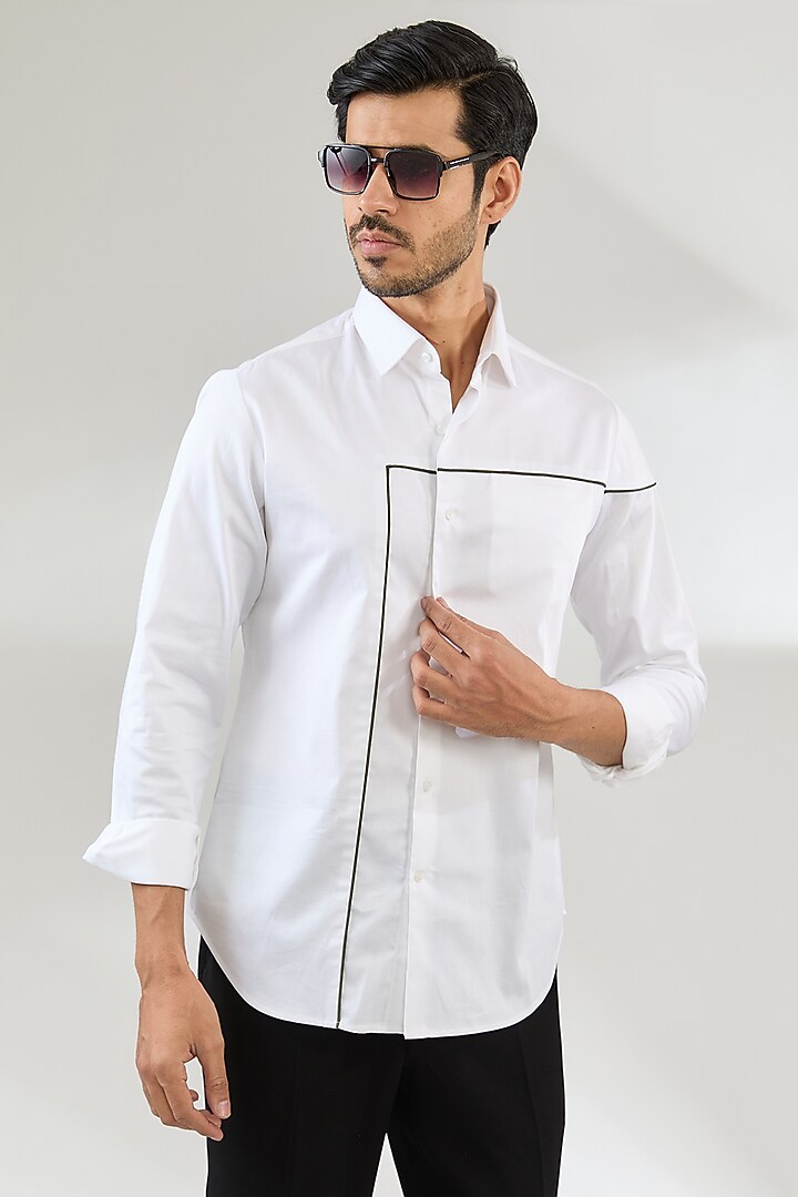 White Cotton Satin Party Wear Shirt by Dhruv Vaish at Pernia's Pop Up Shop