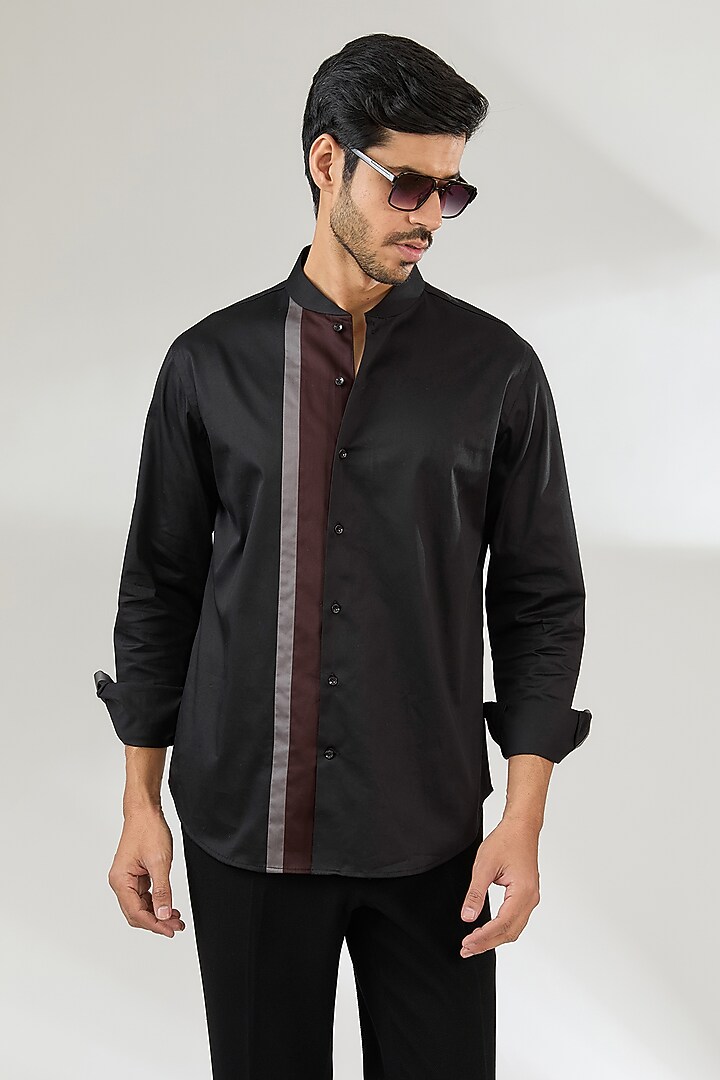 Black Cotton Satin Party Wear Shirt by Dhruv Vaish at Pernia's Pop Up Shop