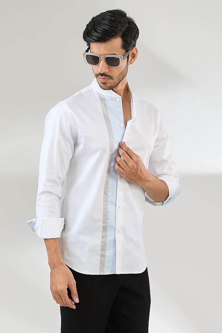 White Cotton Satin Party Wear Shirt by Dhruv Vaish at Pernia's Pop Up Shop