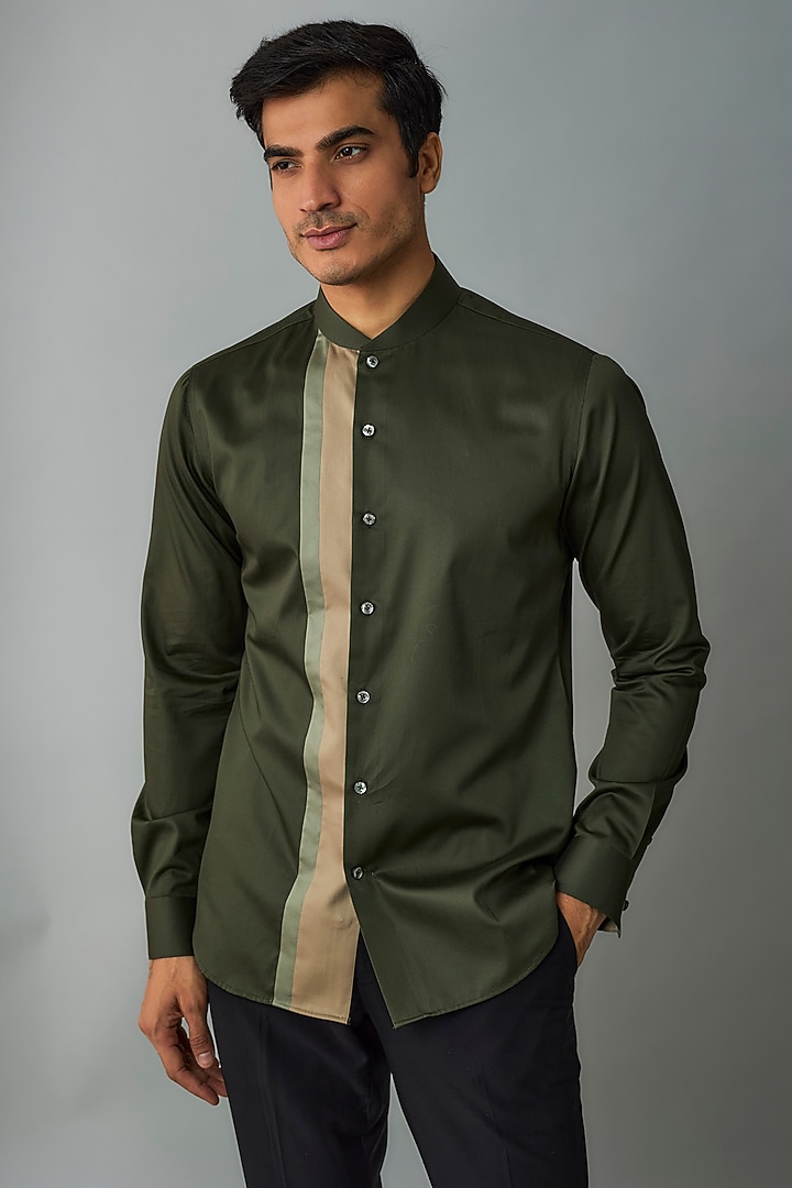 Olive Cotton Satin Party Wear Shirt by Dhruv Vaish at Pernia's Pop Up Shop