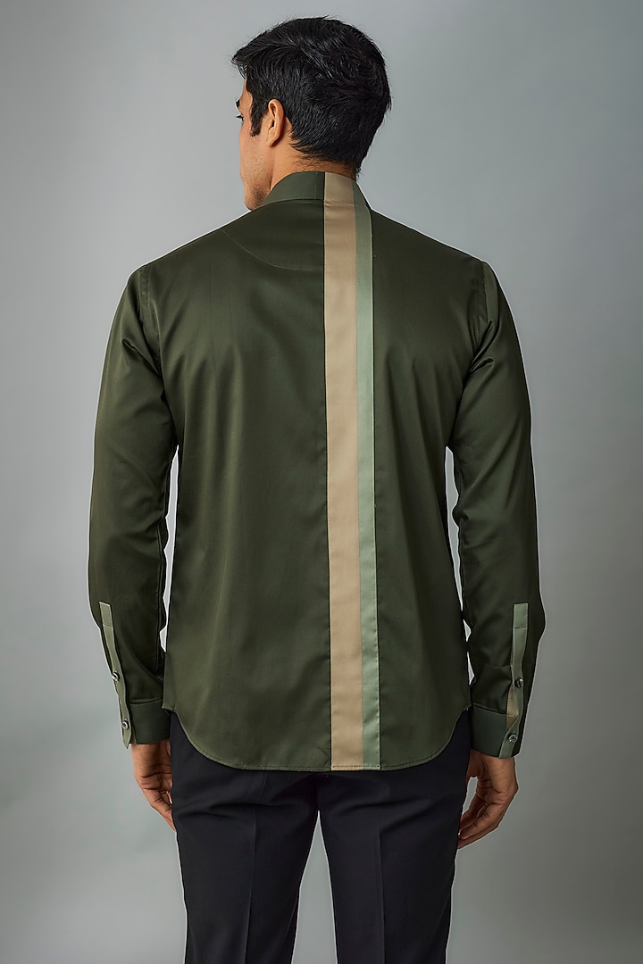 Olive Cotton Satin Party Wear Shirt by Dhruv Vaish at Pernia's Pop Up Shop