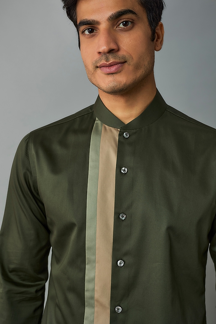 Olive Cotton Satin Party Wear Shirt by Dhruv Vaish at Pernia's Pop Up Shop