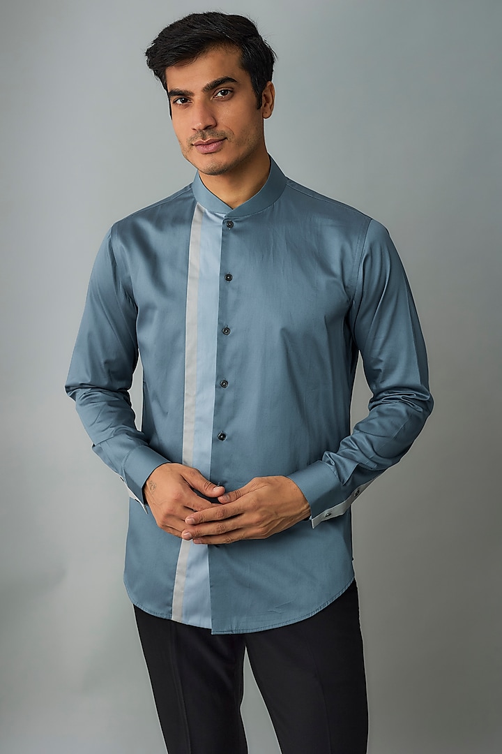 Teal Grey Cotton Satin Shirt by Dhruv Vaish at Pernia's Pop Up Shop