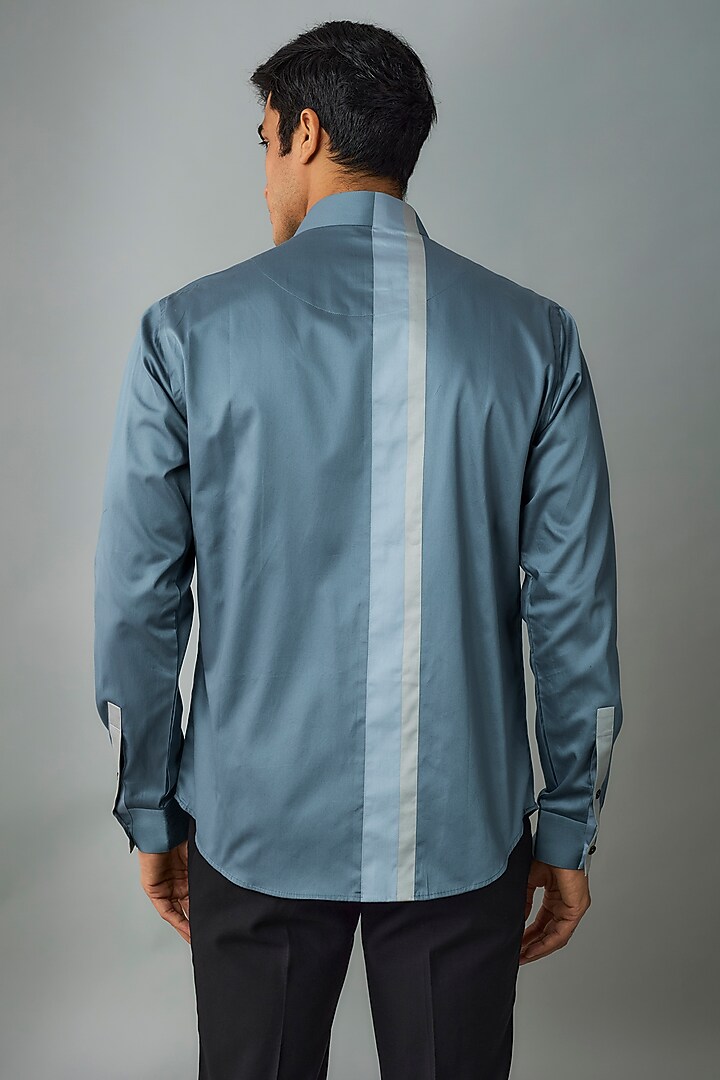 Teal Grey Cotton Satin Party Wear Shirt by Dhruv Vaish at Pernia's Pop Up Shop