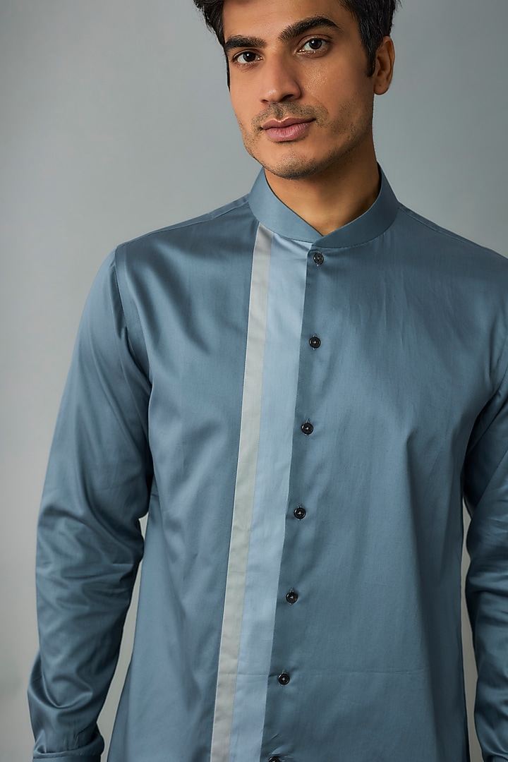 Teal Grey Cotton Satin Party Wear Shirt by Dhruv Vaish at Pernia's Pop Up Shop