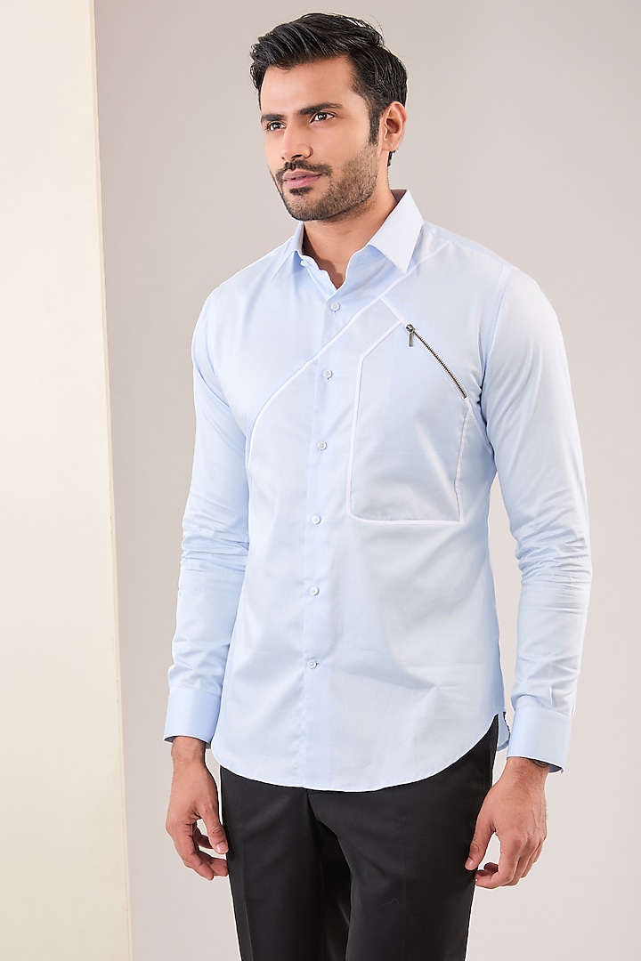 Ice Blue Cotton Satin Shirt by Dhruv Vaish at Pernia's Pop Up Shop