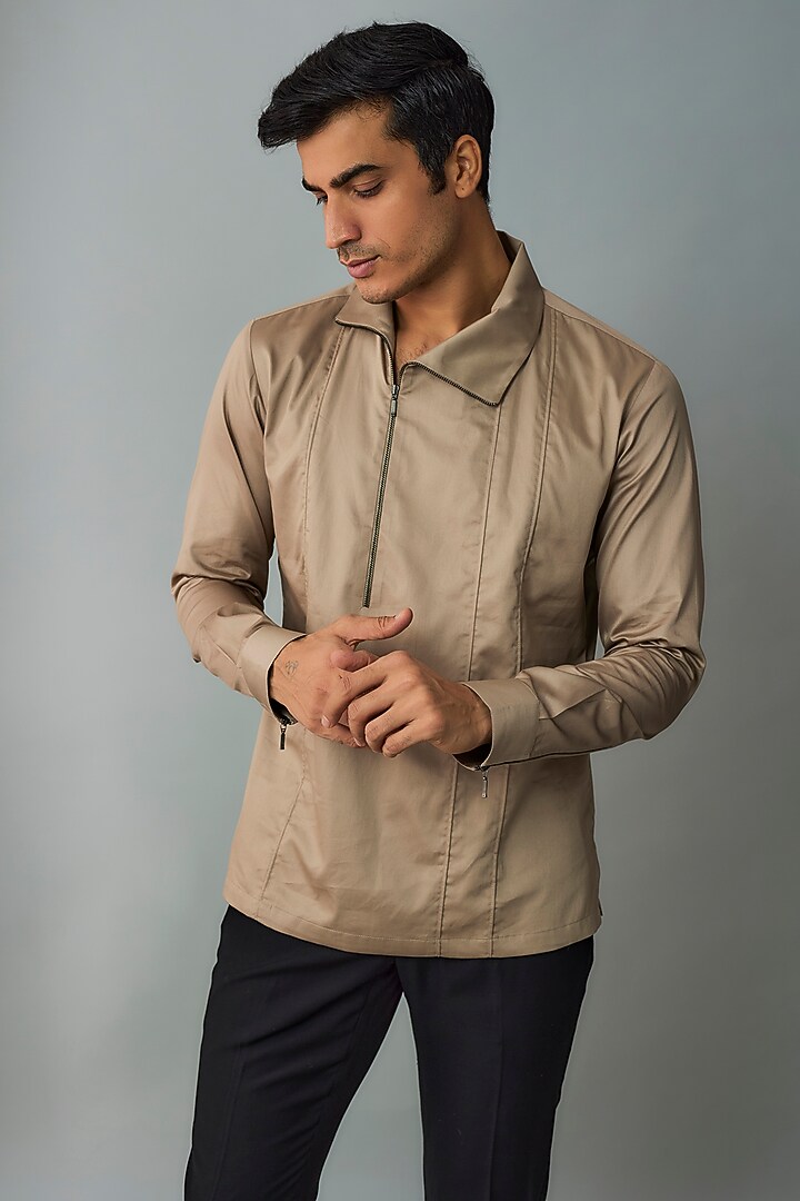 Dune Beige Cotton Satin Zipper Party Wear Shirt by Dhruv Vaish at Pernia's Pop Up Shop