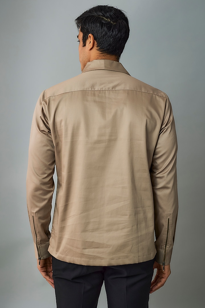 Dune Beige Cotton Satin Zipper Party Wear Shirt by Dhruv Vaish at Pernia's Pop Up Shop