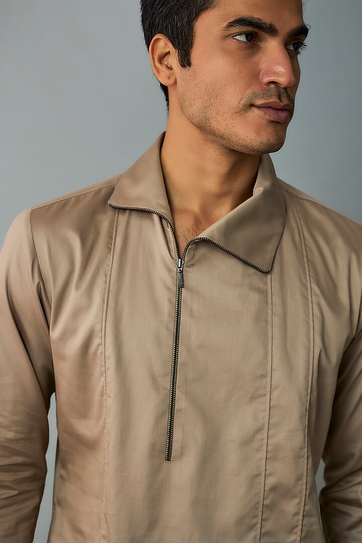 Dune Beige Cotton Satin Zipper Party Wear Shirt by Dhruv Vaish at Pernia's Pop Up Shop