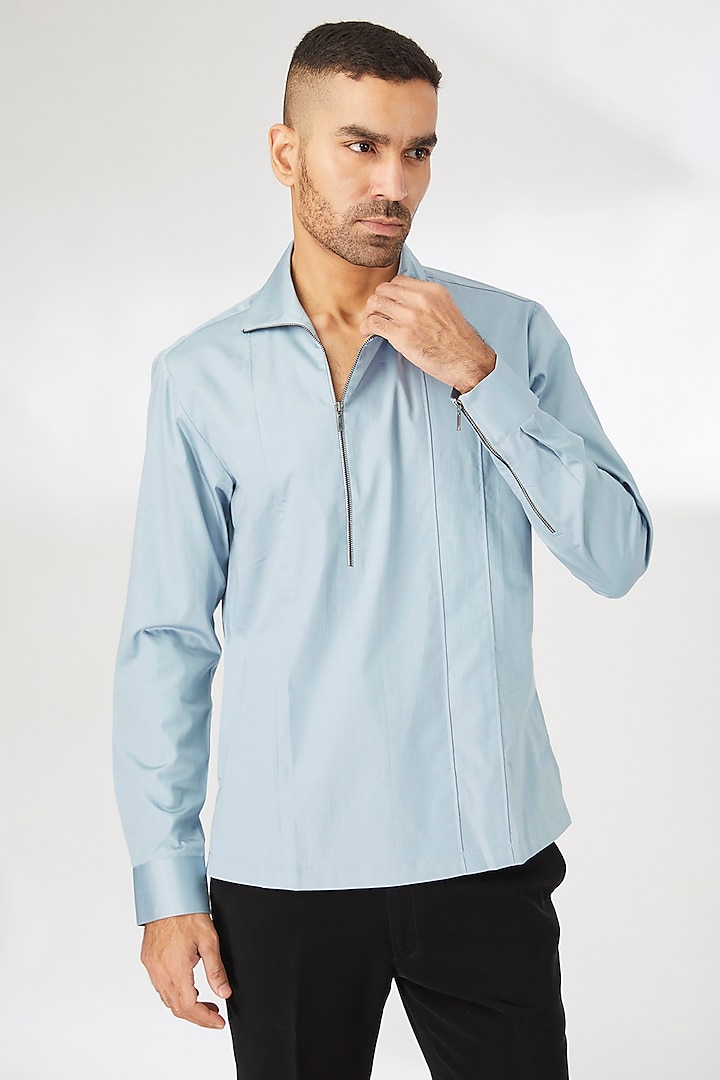 Blue Haze Cotton Satin Shirt by Dhruv Vaish