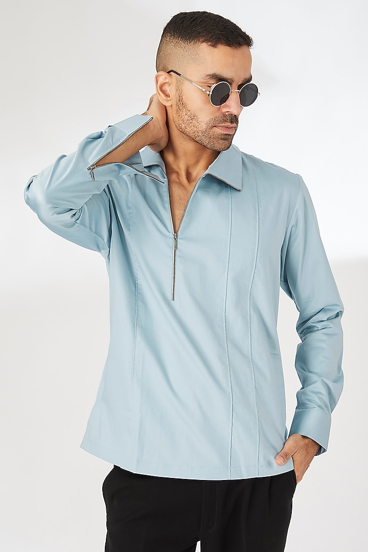 Blue Haze Cotton Satin Party Wear Shirt by Dhruv Vaish at Pernia's Pop Up Shop