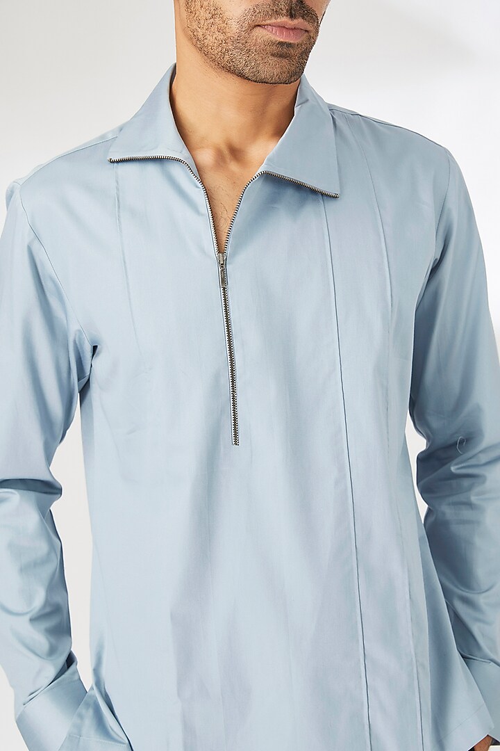 Blue Haze Cotton Satin Party Wear Shirt by Dhruv Vaish at Pernia's Pop Up Shop