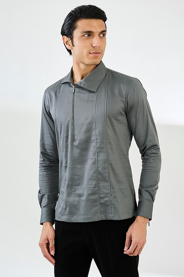 Smoke Grey Cotton Satin Shirt by Dhruv Vaish