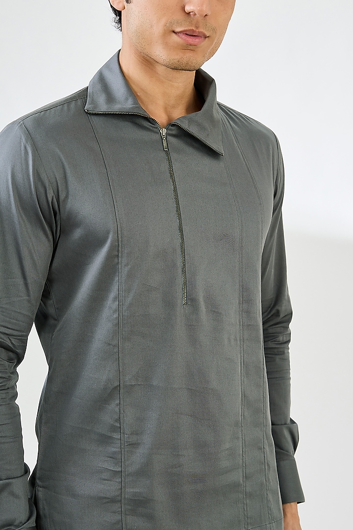 Smoke Grey Cotton Satin Party Wear Shirt by Dhruv Vaish at Pernia's Pop Up Shop