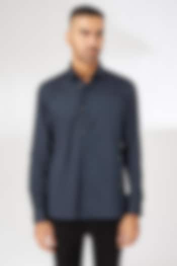 Navy Blue Cotton Satin Shirt by Dhruv Vaish