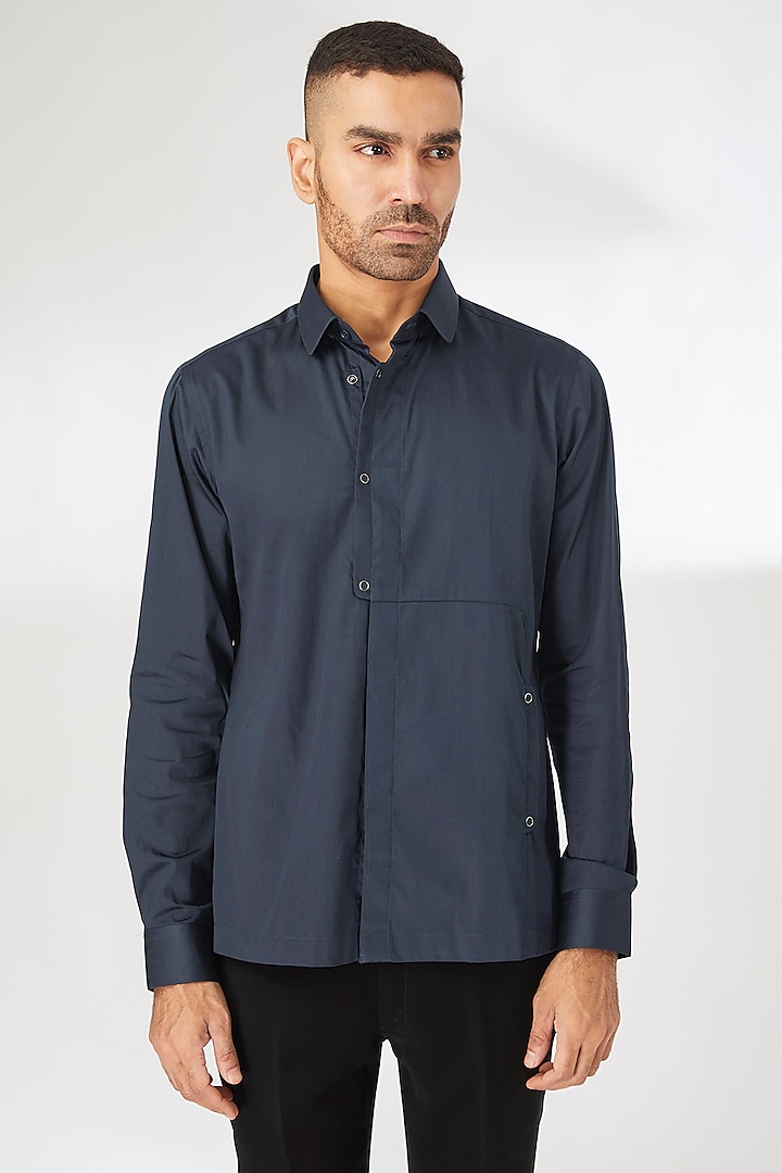 Navy Blue Cotton Satin Shirt by Dhruv Vaish