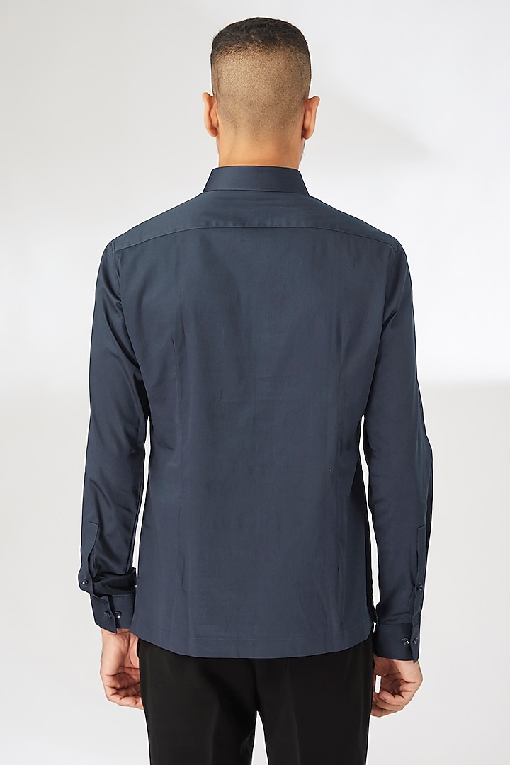 Navy Blue Cotton Satin Party Wear Shirt by Dhruv Vaish at Pernia's Pop Up Shop