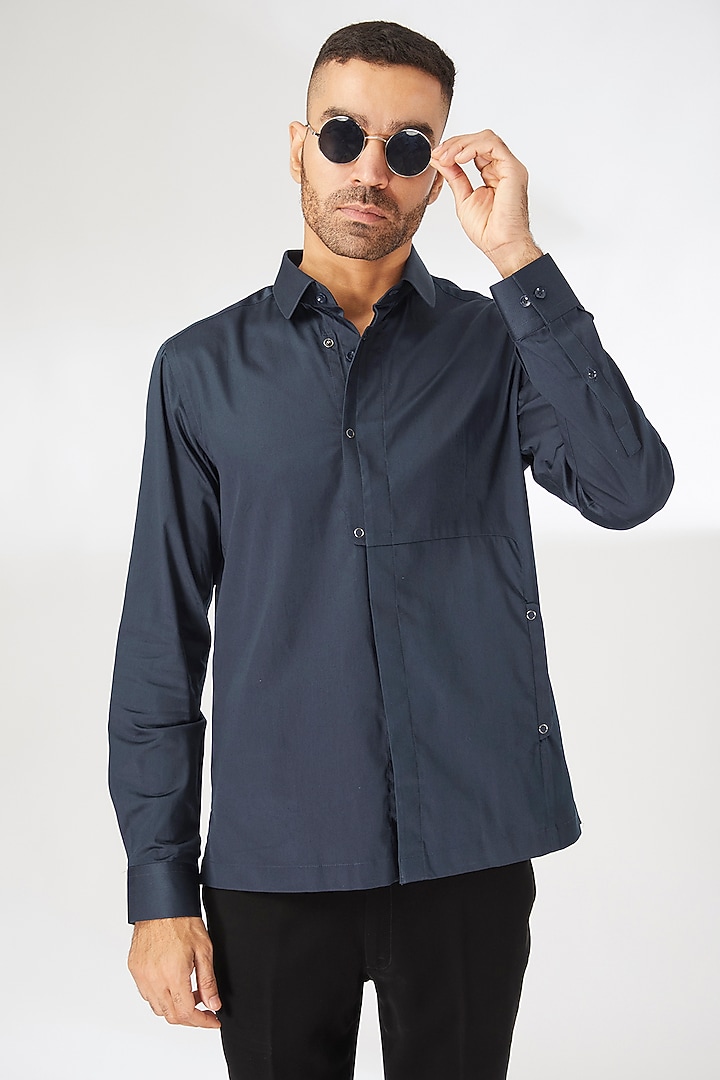 Navy Blue Cotton Satin Party Wear Shirt by Dhruv Vaish at Pernia's Pop Up Shop