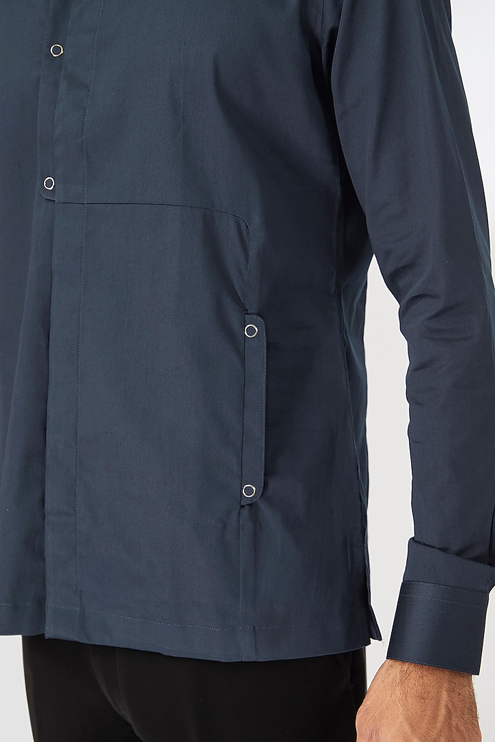Navy Blue Cotton Satin Party Wear Shirt by Dhruv Vaish at Pernia's Pop Up Shop