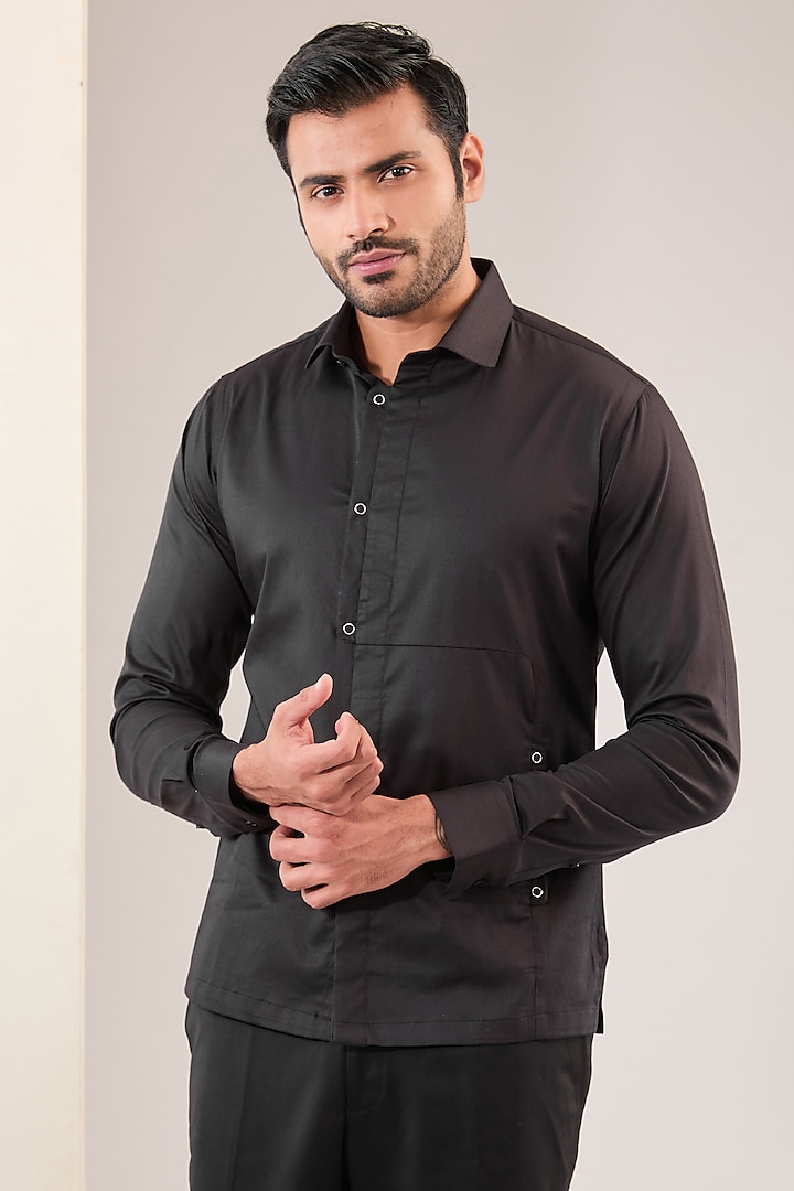 Black Cotton Satin Shirt by Dhruv Vaish at Pernia's Pop Up Shop