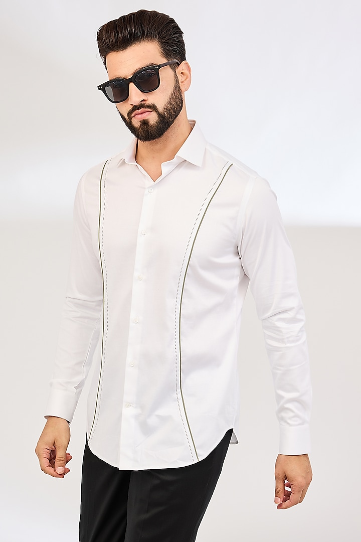 White Cotton Satin Party Wear Shirt by Dhruv Vaish at Pernia's Pop Up Shop