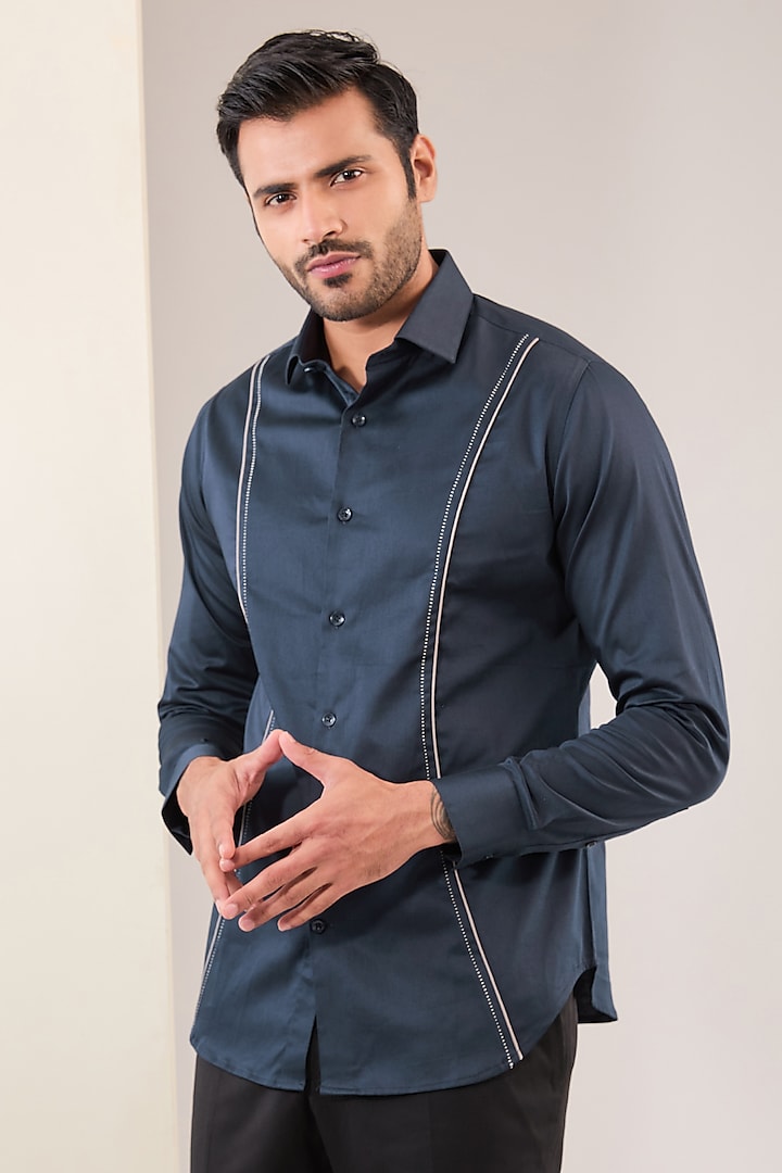 Navy Blue Cotton Satin Shirt by Dhruv Vaish