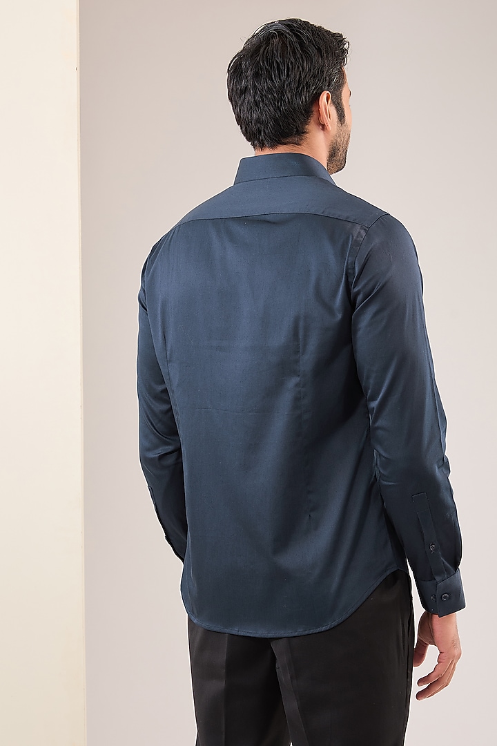 Navy Blue Cotton Satin Party Wear Shirt by Dhruv Vaish at Pernia's Pop Up Shop