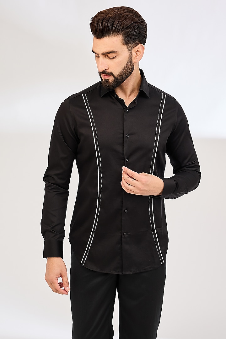 Black Cotton Satin Shirt by Dhruv Vaish at Pernia's Pop Up Shop