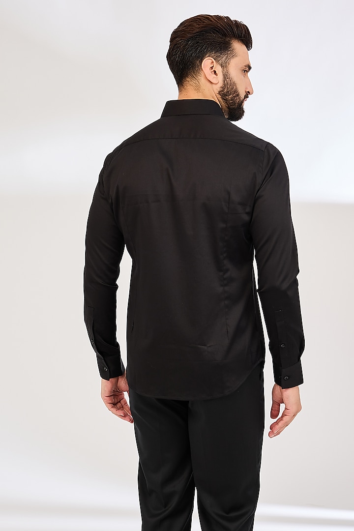 Black Cotton Satin Party Wear Shirt by Dhruv Vaish at Pernia's Pop Up Shop