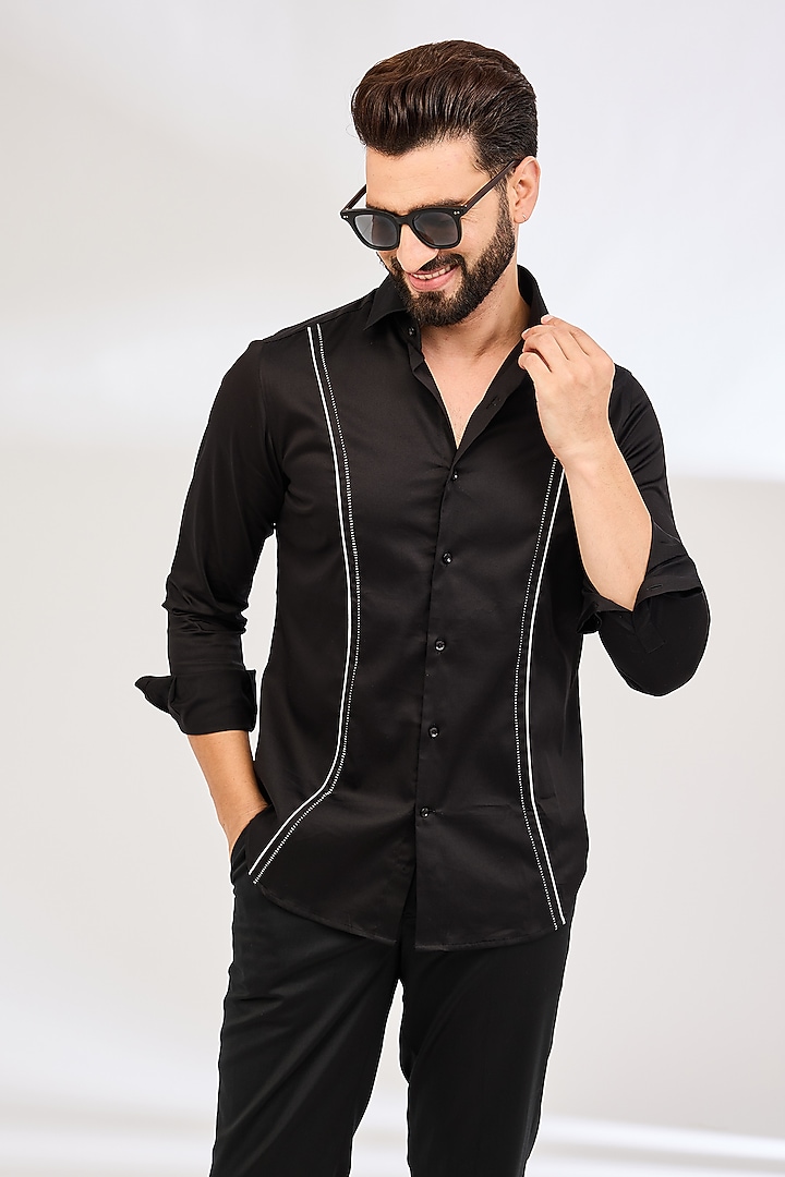 Black Cotton Satin Party Wear Shirt by Dhruv Vaish at Pernia's Pop Up Shop