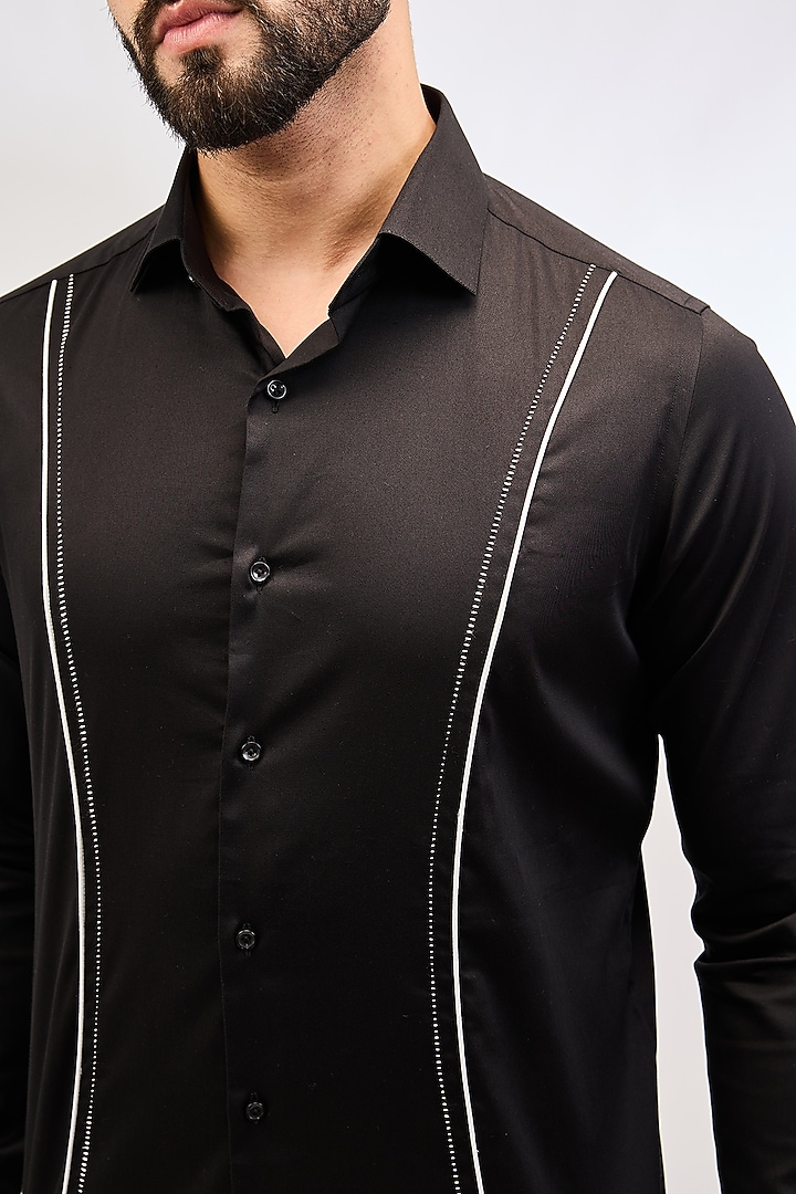 Black Cotton Satin Party Wear Shirt by Dhruv Vaish at Pernia's Pop Up Shop
