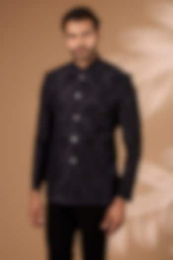 Oxidised Purple Silk Bandhgala by Dhruv Vaish