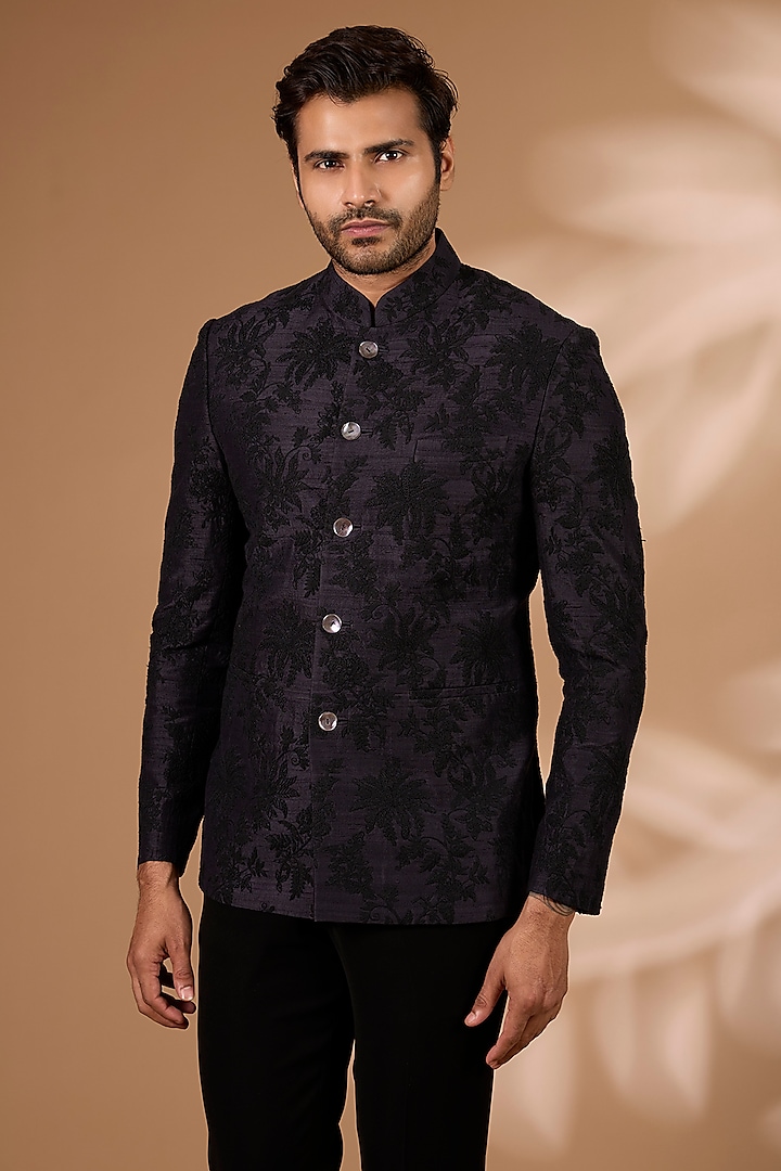 Oxidised Purple Silk Bandhgala by Dhruv Vaish