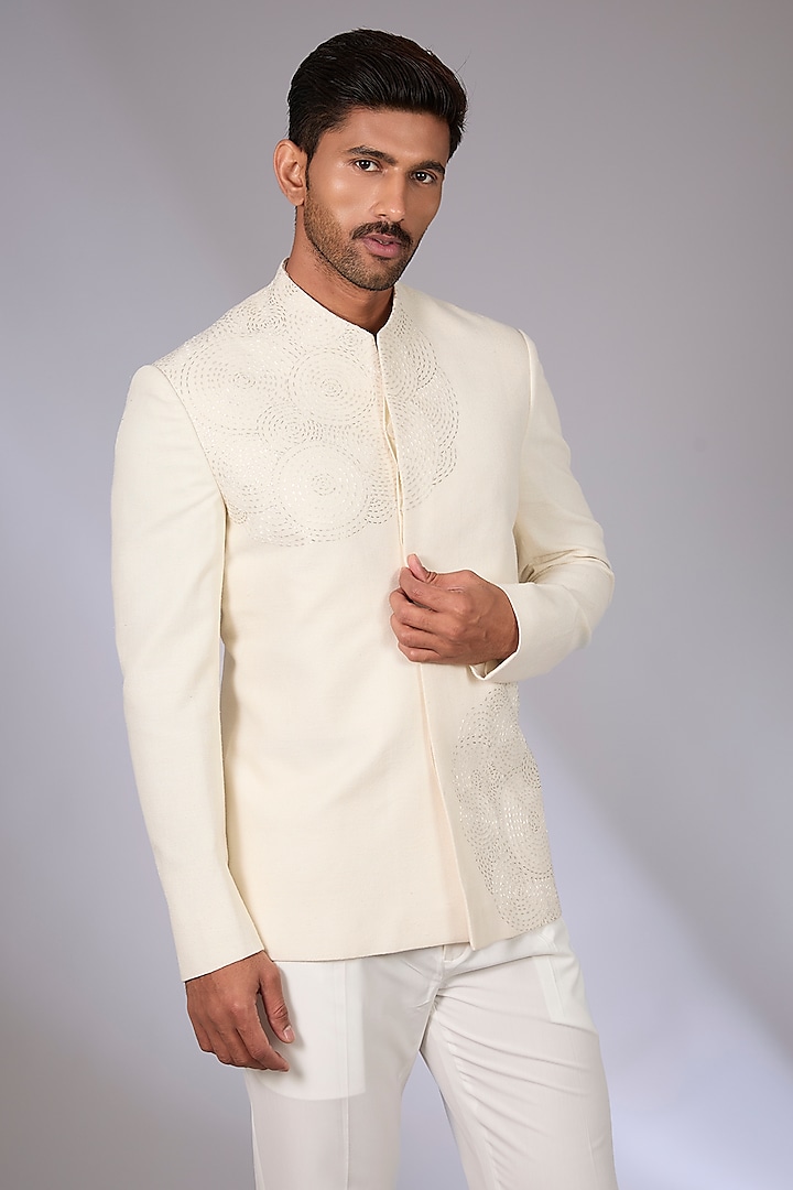 Ivory Silk Wedding Bandhgala by Dhruv Vaish at Pernia's Pop Up Shop