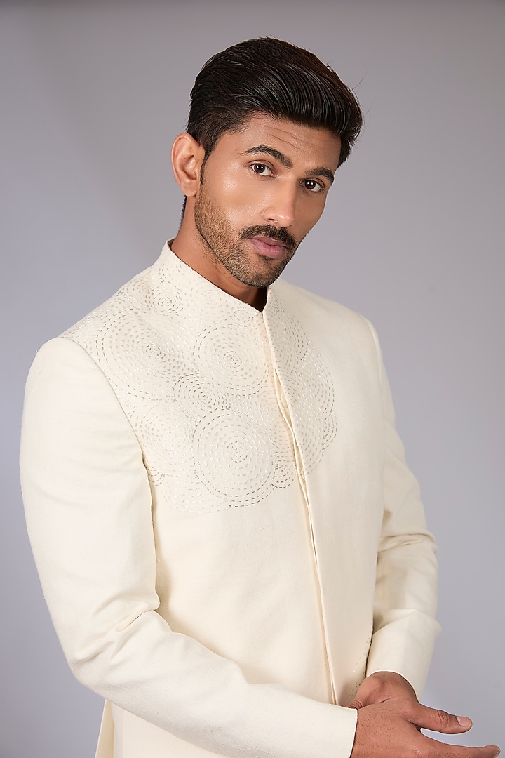 Ivory Silk Wedding Bandhgala by Dhruv Vaish at Pernia's Pop Up Shop
