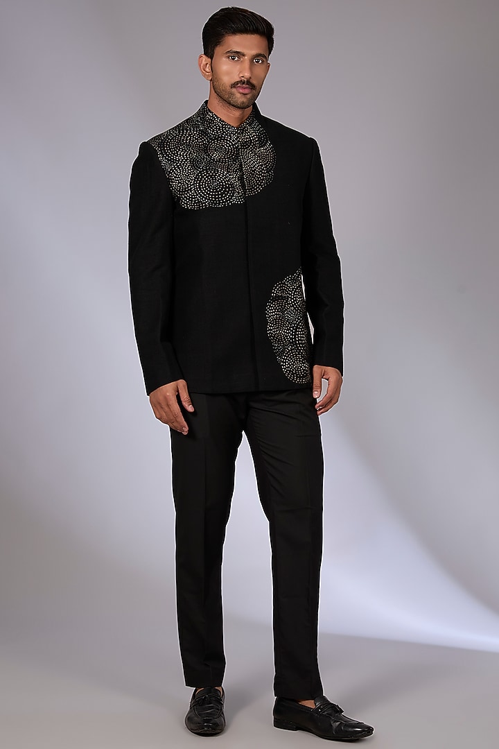 Black Silk Wedding Bandhgala by Dhruv Vaish at Pernia's Pop Up Shop