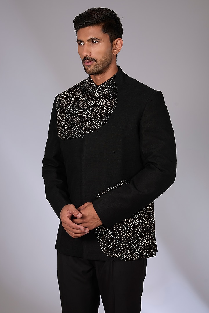 Black Silk Wedding Bandhgala by Dhruv Vaish at Pernia's Pop Up Shop