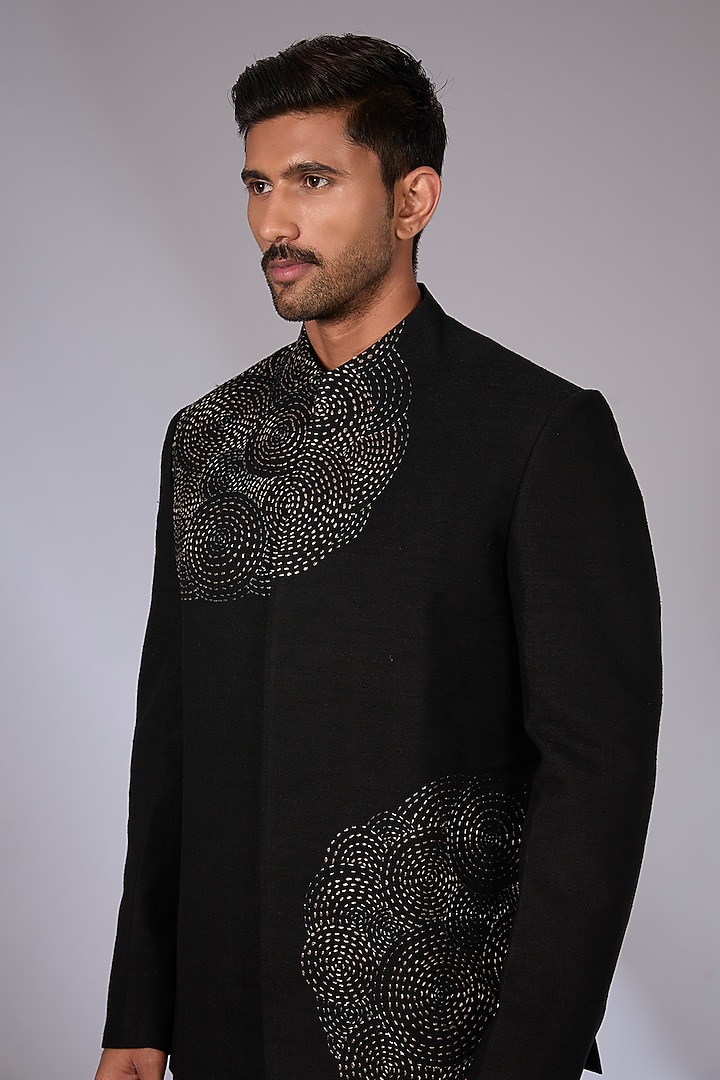 Black Silk Wedding Bandhgala by Dhruv Vaish at Pernia's Pop Up Shop