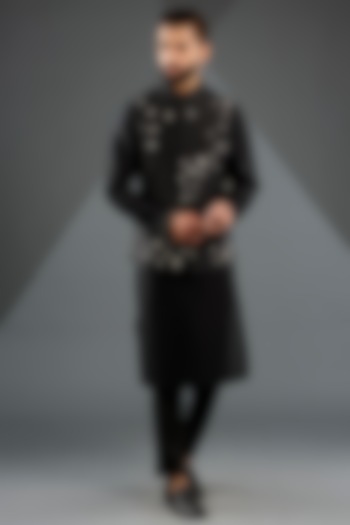 Black Silk Metallic Floral Motifs Embroidered Nehru Jacket Set by Dhruv Vaish