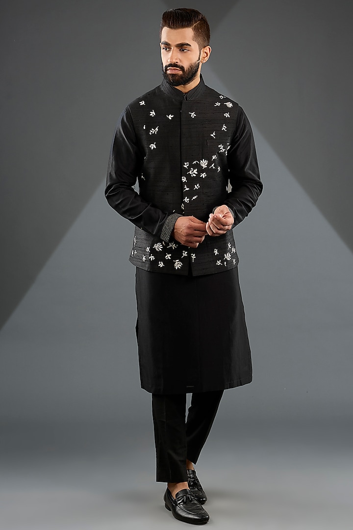 Black Silk Metallic Floral Motifs Embroidered Nehru Jacket Set by Dhruv Vaish