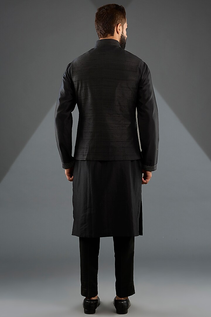 Black Silk Metallic Floral Motifs Embroidered Nehru Jacket Set by Dhruv Vaish at Pernia's Pop Up Shop