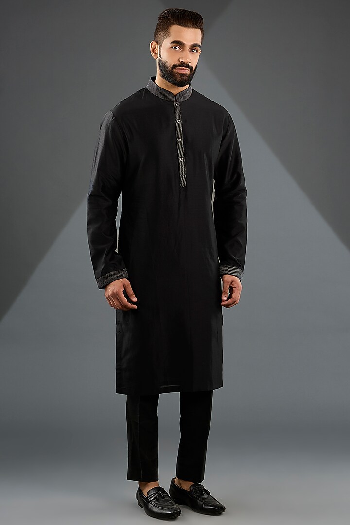 Black Silk Metallic Floral Motifs Embroidered Nehru Jacket Set by Dhruv Vaish at Pernia's Pop Up Shop
