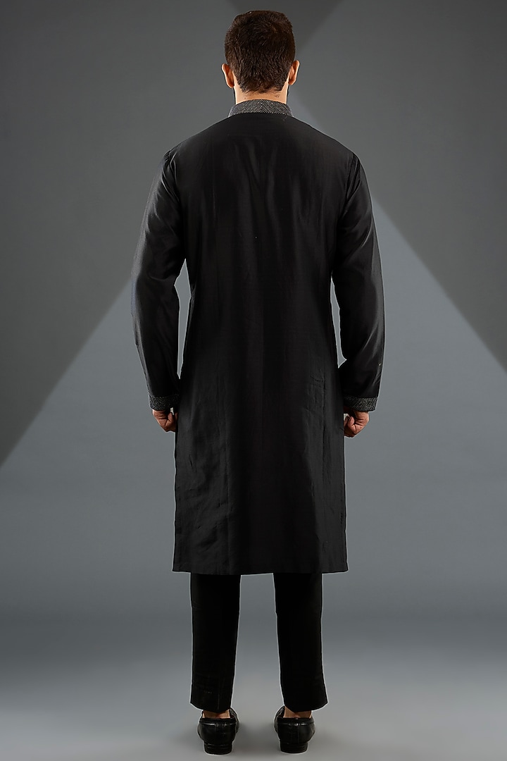 Black Silk Metallic Floral Motifs Embroidered Nehru Jacket Set by Dhruv Vaish at Pernia's Pop Up Shop