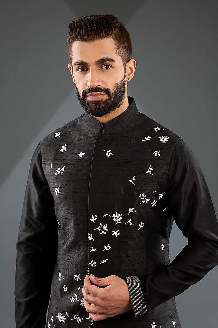 Black Silk Metallic Floral Motifs Embroidered Nehru Jacket Set by Dhruv Vaish at Pernia's Pop Up Shop