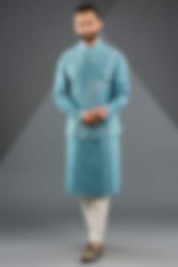 Nile Blue Silk Hand Embroidered Nehru Jacket Set by Dhruv Vaish at Pernia's Pop Up Shop