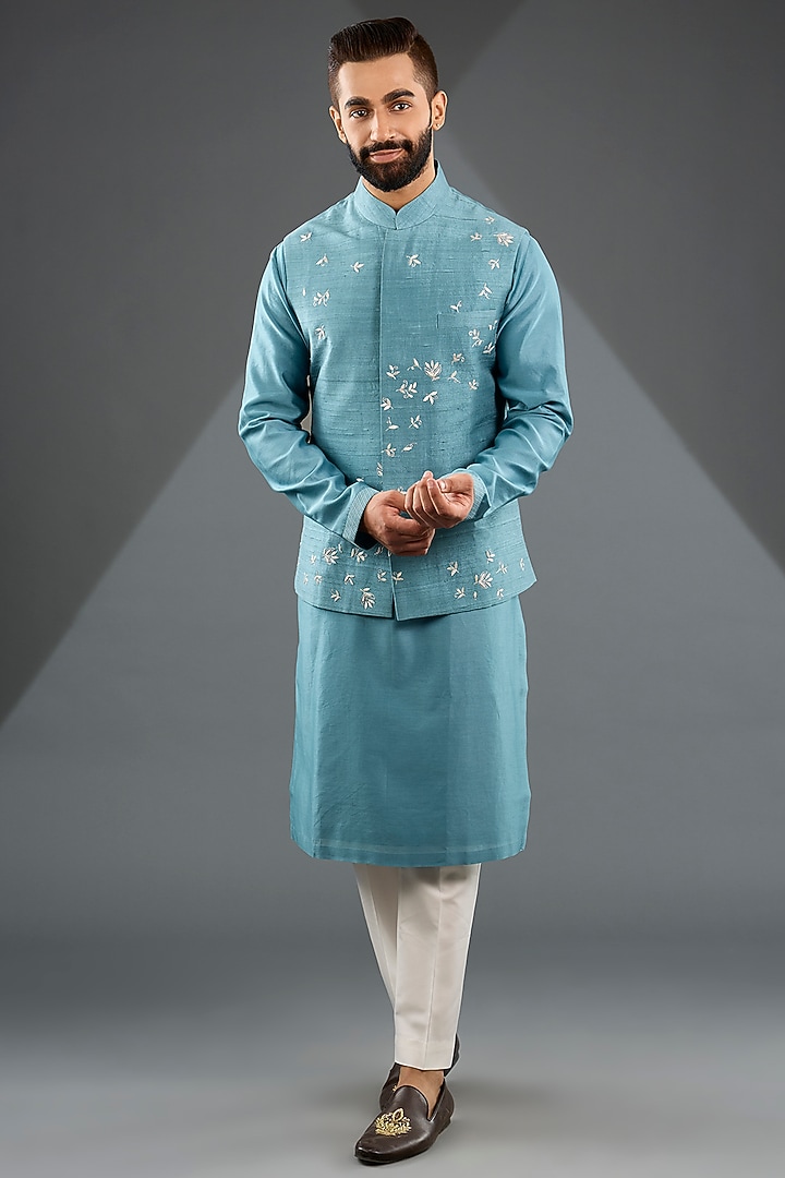 Nile Blue Silk Hand Embroidered Nehru Jacket Set by Dhruv Vaish at Pernia's Pop Up Shop