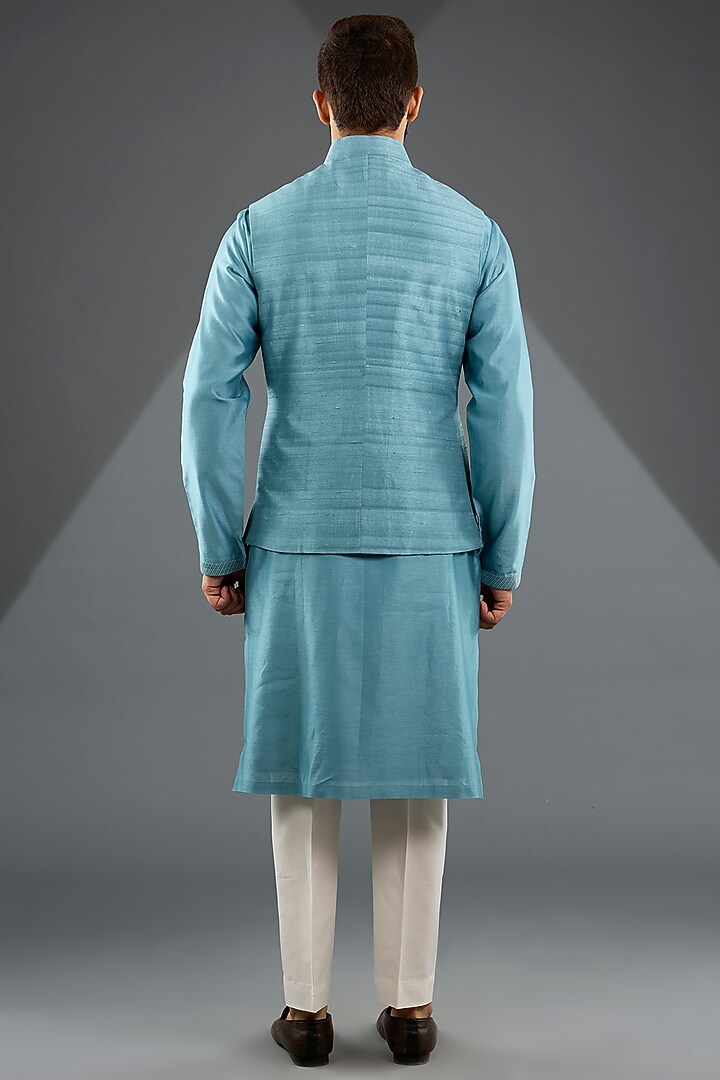Nile Blue Silk Hand Embroidered Nehru Jacket Set by Dhruv Vaish at Pernia's Pop Up Shop